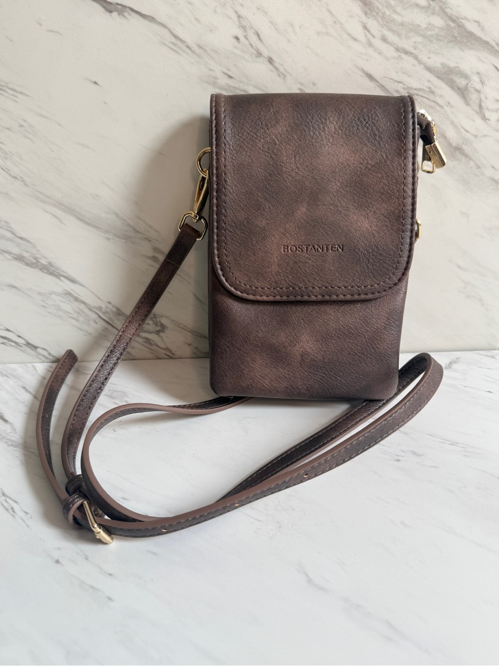 NWOT Bostanten Brown Vegan Leather Crossbody Phone Bag Wallet Case Unisex
